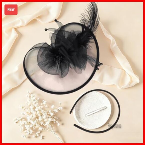 Vintage Fascinator Hat Set with Feathers Lace Gloves Pearl Jewelry main image 4